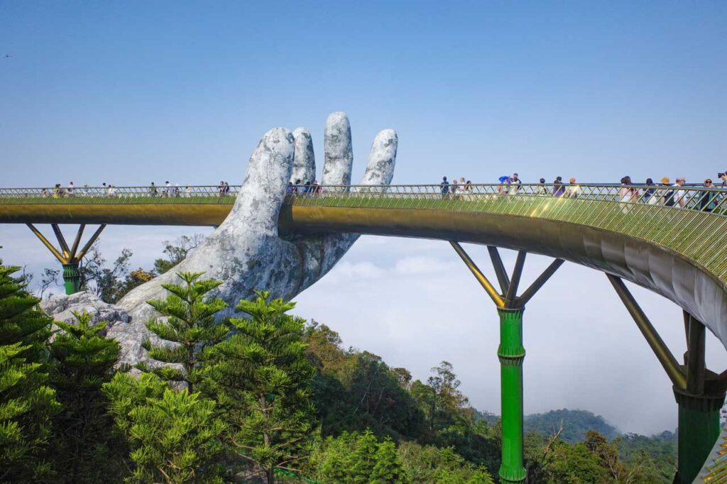This is the famous Golden Bridge at Ba Na Hills, Vietnam. It's a popular destination for day trips from Da Nang. 
